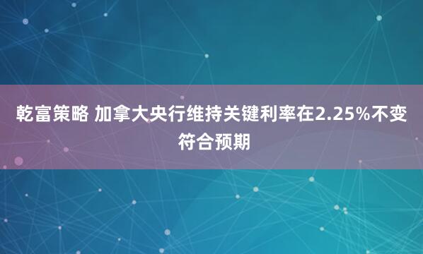 乾富策略 加拿大央行维持关键利率在2.25%不变 符合预期